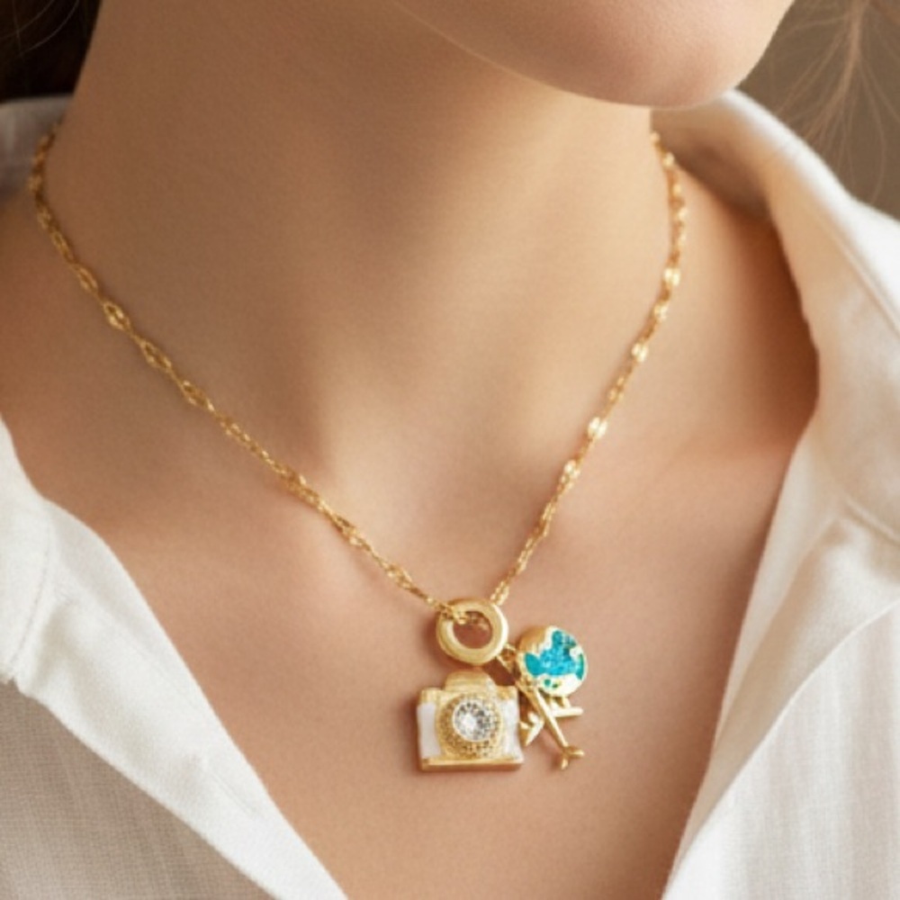 Gold Plated Stainless Steel Travel Charm Necklace Camera Airplane Globe trendy